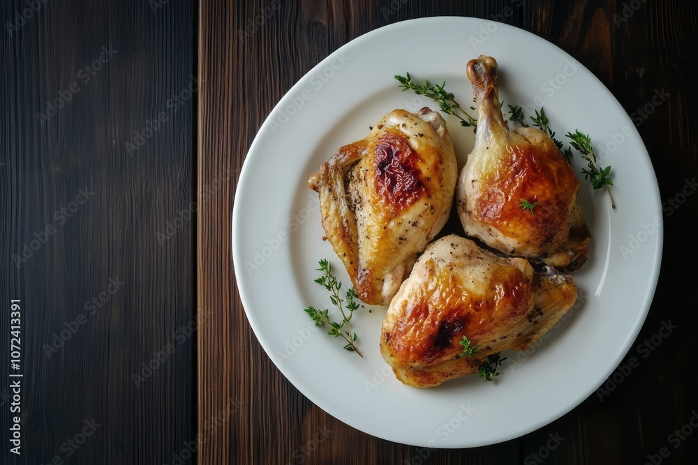 Roasted Chicken Legs with Thyme on a White Plate Roasted Chicken Legs with Thyme on a White Plate