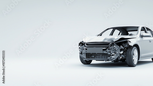 Front View of a Damaged Car with Detached Bumper on Minimalist Background