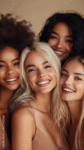 Happy Group of Diverse Women in Indoor Studio Portrait Promoting Skincare and Cosmetics. African Ladies Smiling with Fresh Faces, Beautiful Hair, and Healthy Skin in a Natural Beauty and Friendship Sc