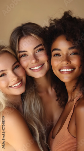Beautiful African Women in a Modern Studio Laughing Together. Skincare, Luxury Cosmetics, and Friendship Captured in a Happy Group Portrait with Attention on Healthy Skin, Fresh Looks, and Natural Bea