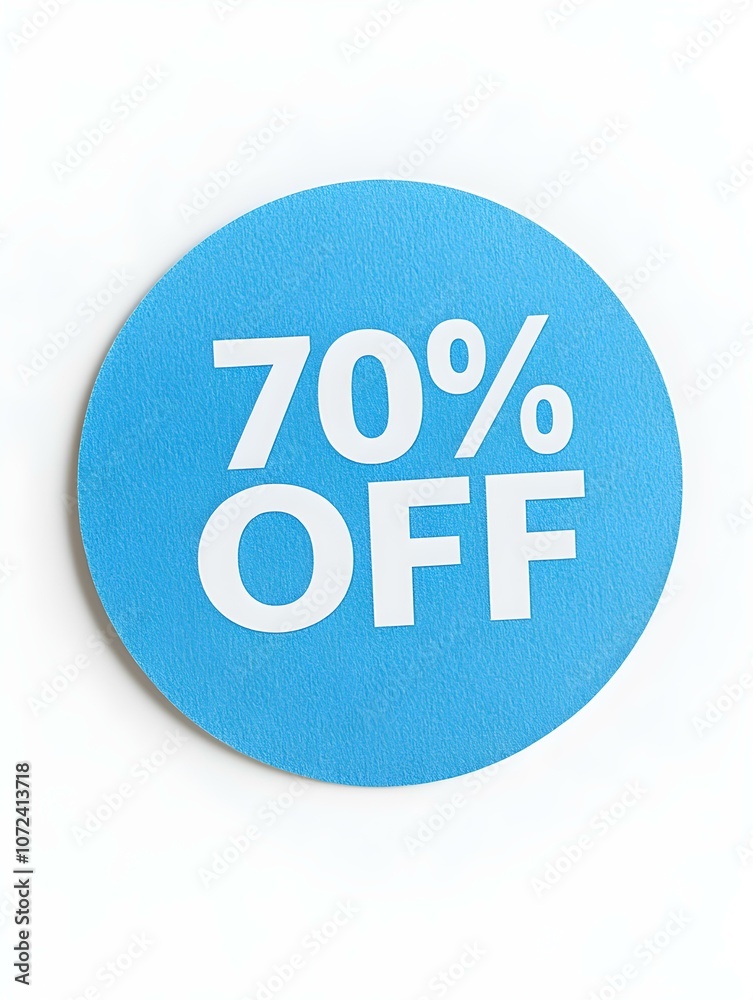 White '70% OFF' Text on a Light Blue Round Paper Note. White Background White '70% OFF' Text on a Light Blue Round Paper Note. White Background