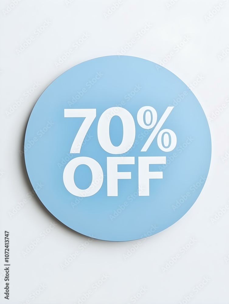 White '70% OFF' Text on a Light Blue Round Paper Note. White Background White '70% OFF' Text on a Light Blue Round Paper Note. White Background