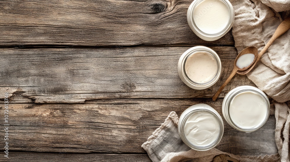 Jars of Creamy Yogurt on Rustic Wooden Surface Jars of Creamy Yogurt on Rustic Wooden Surface