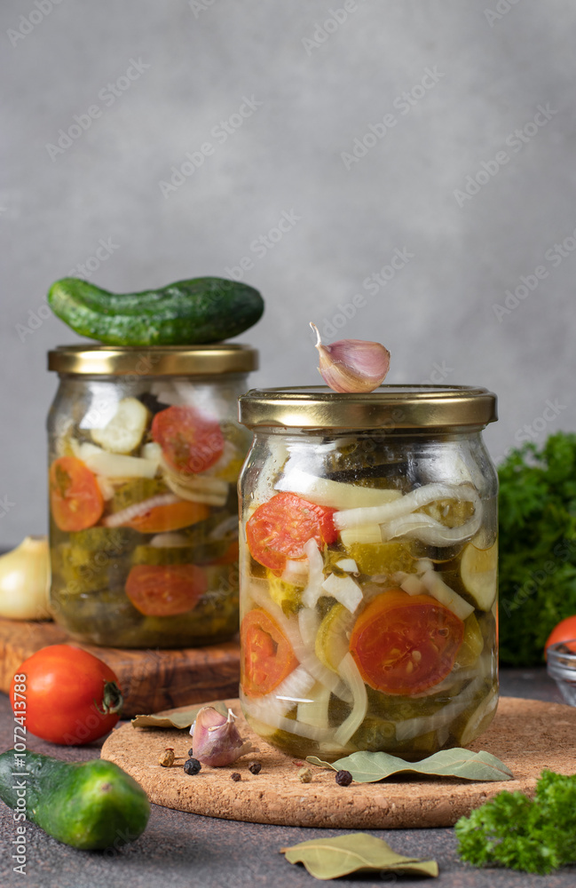 Pickled cucumbers salad with tomatoes and sweet peppers in two jars on gray background Pickled cucumbers salad with tomatoes and sweet peppers in two jars on gray background