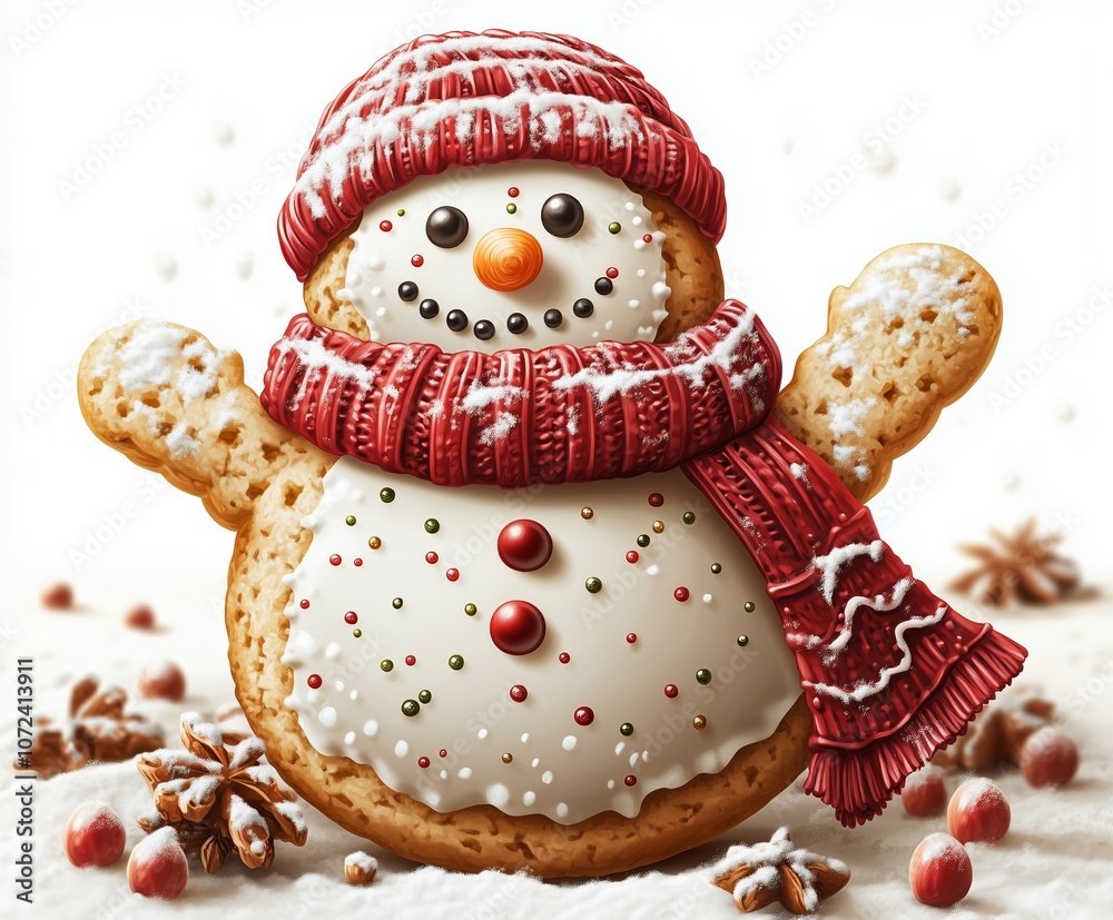 Fototapeta premium A cheerful snowman-shaped sugar cookie decorated with detailed holiday-themed icing. 