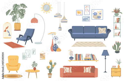 Furniture collection for modern home interior design. Trendy house decor, sofa, couch, chair, armchair and lamp. Apartment room items, decoration