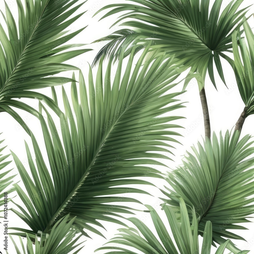 Fototapeta premium Green coconut palm leaves isolated on white, set