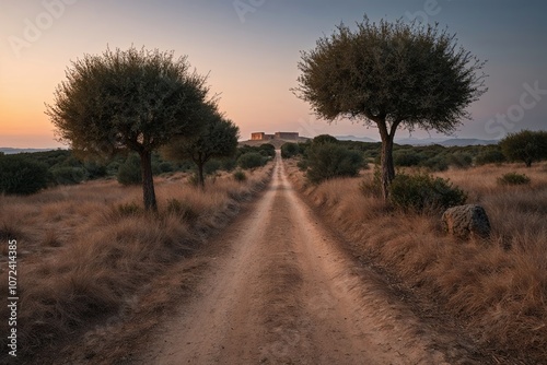 Dusty Woodland Trail to an Abandoned Mediterranean Civilization at Sunrise photo