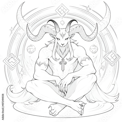 Demonic goat figure with large horns sits cross-legged in digital illustration.