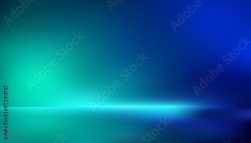 Blue green gradient studio room, abstract background pattern, walls and floor reflect neon lights, dark tones and feel speed of digital technology connected. Future technology.