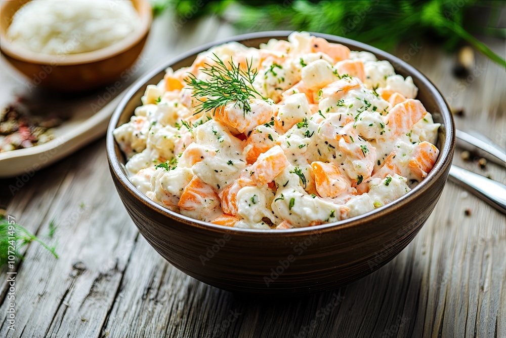 A bowl of creamy cauliflower salad. Perfect for showcasing a healthy and delicious meal. A bowl of creamy cauliflower salad. Perfect for showcasing a healthy and delicious meal.
