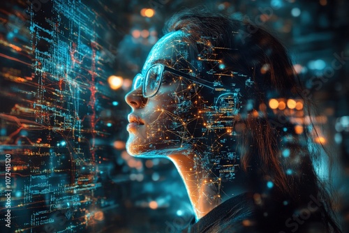 Conceptual image of artificial intelligence with a human profile overlaid by digital data and neural network patterns, symbolizing machine learning, data analysis, and futuristic technology