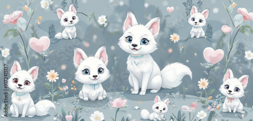  Seamless pattern of white fox pups with hearts and flowers on a soft blue background