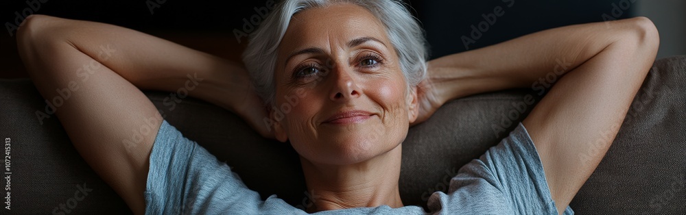 Relaxed older woman enjoying leisure time at home in soft lighting Relaxed older woman enjoying leisure time at home in soft lighting