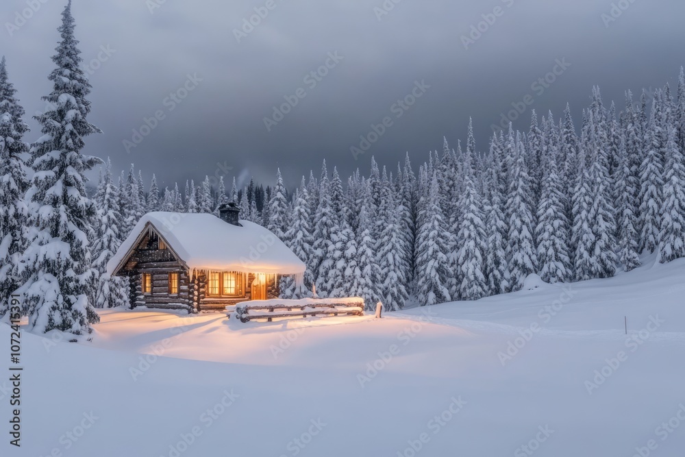 Illuminated Log Cabin in a Snowy Forest at Dusk Illuminated Log Cabin in a Snowy Forest at Dusk