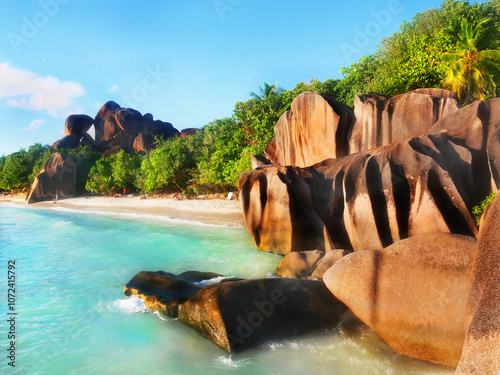 Seychelles La Digue island. Vacation in tropical paradise photo