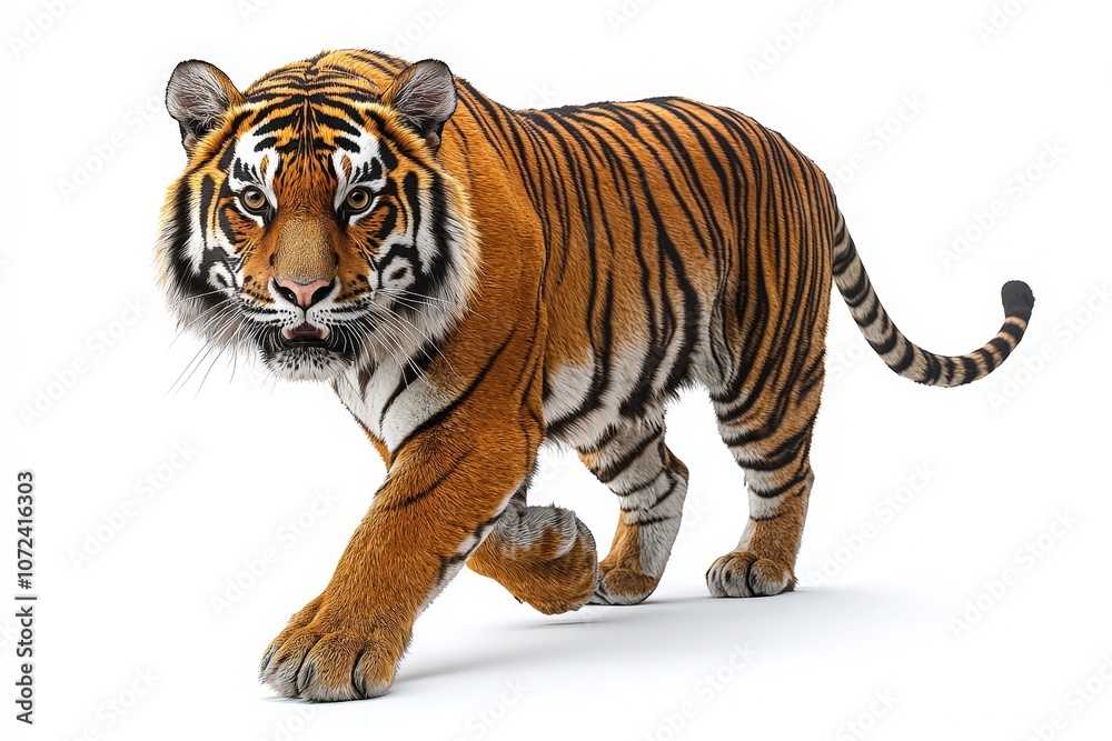 Fototapeta premium Majestic tiger walking gracefully on a white background