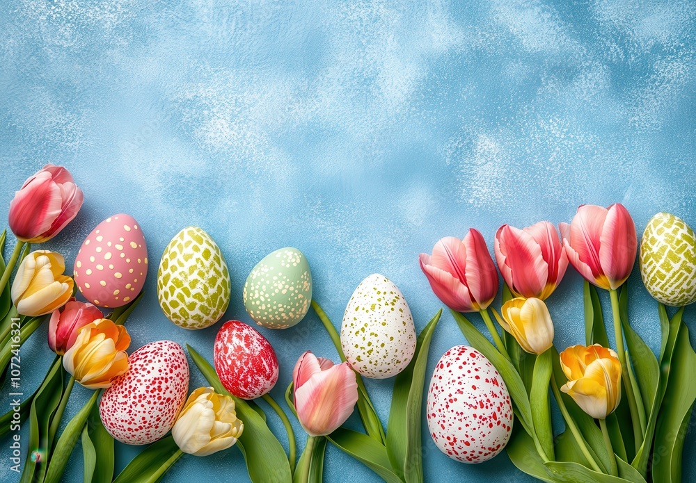 Colorful Easter Eggs and Tulips on Blue Background Colorful Easter Eggs and Tulips on Blue Background
