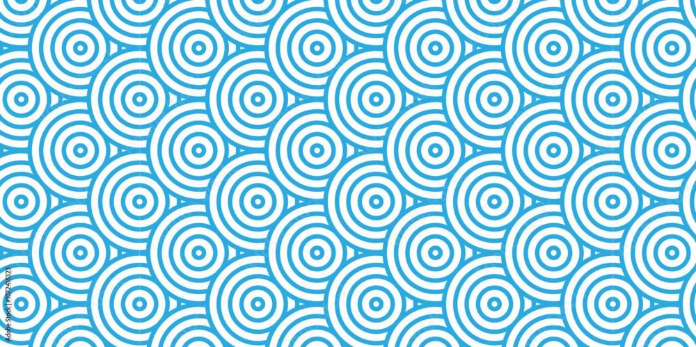 Abstract Overlapping Pattern. Seamless geometric ocean spiral pattern and abstract circle wave lines. blue seamless tile stripe geomatics create retro square line backdrop pattern background.