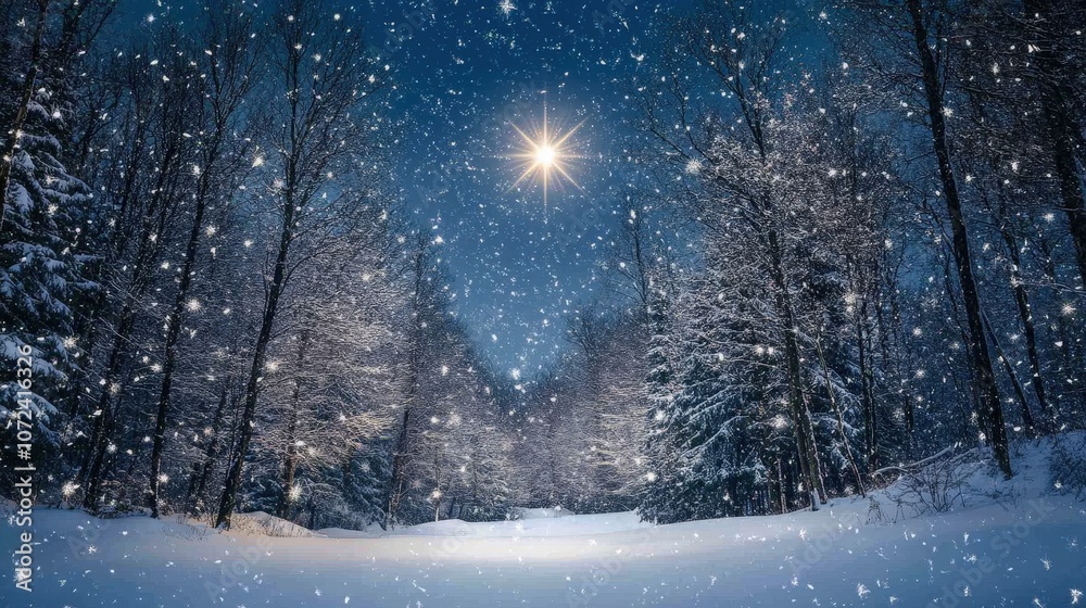 Naklejka premium Serene winter night with snow-covered trees, falling snowflakes, and a bright shining star in a deep blue sky, creating a peaceful holiday atmosphere