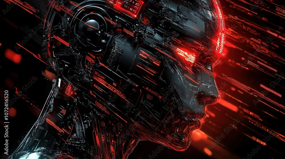 A futuristic digital face depicts glowing circuit patterns representing advanced technology and artificial intelligence scenes. A futuristic digital face depicts glowing circuit patterns representing advanced technology and artificial intelligence scenes.