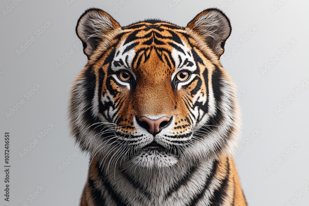 Obraz premium Majestic tiger portrait with intense gaze against a soft gray background