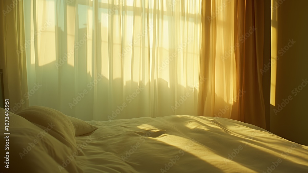 Fototapeta premium Cozy sunlit bedroom in morning light with soft curtains