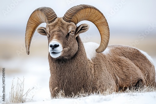 Majestic bighorn sheep resting in a snowy field on a winter day