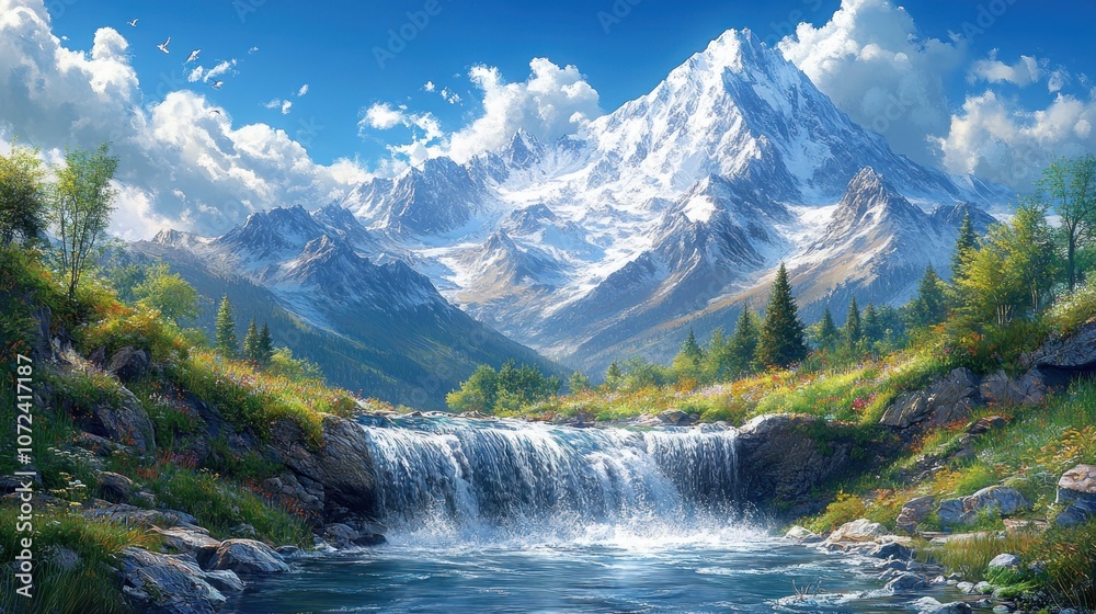 Scenic mountain landscape with a waterfall and lush greenery. Scenic mountain landscape with a waterfall and lush greenery.