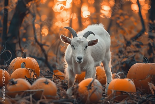 A white goat standing among pumpkins in a sunlit field, surrounded by warm autumn hues. Perfect for seasonal, farm, or rustic lifestyle themes. photo