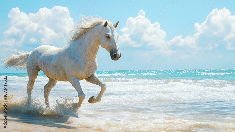 Majestic white horse galloping on the shore under the sunset sky Majestic white horse galloping on the shore under the sunset sky