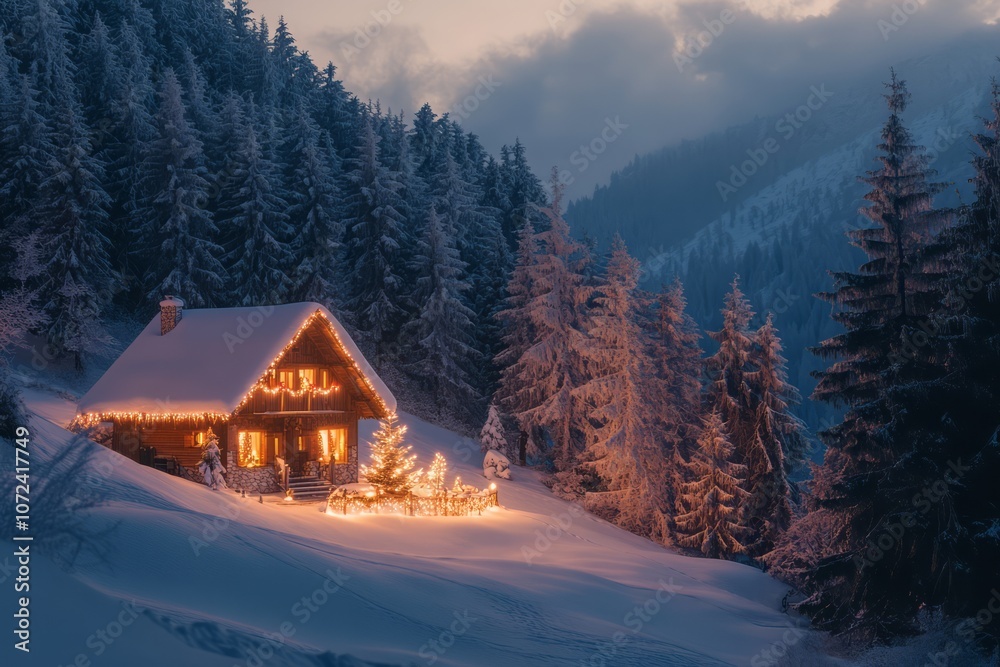 A Cozy Cabin Illuminated with Christmas Lights in a Snowy Forest A Cozy Cabin Illuminated with Christmas Lights in a Snowy Forest