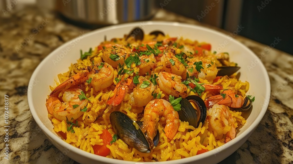 Seafood paella with shrimp, mussels, and parsley garnished on vibrant yellow rice, rich colors inviting a taste of the Mediterranean. Seafood paella with shrimp, mussels, and parsley garnished on vibrant yellow rice, rich colors inviting a taste of the Mediterranean.