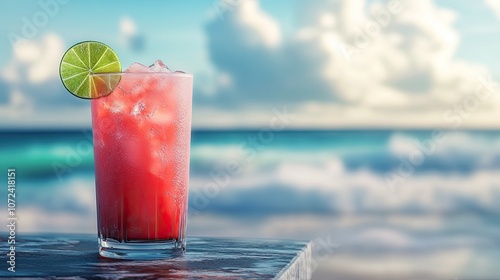 Refreshing tropical drink with lime slice, placed on a terrace table overlooking vertical ocean waves under bright sunlight.