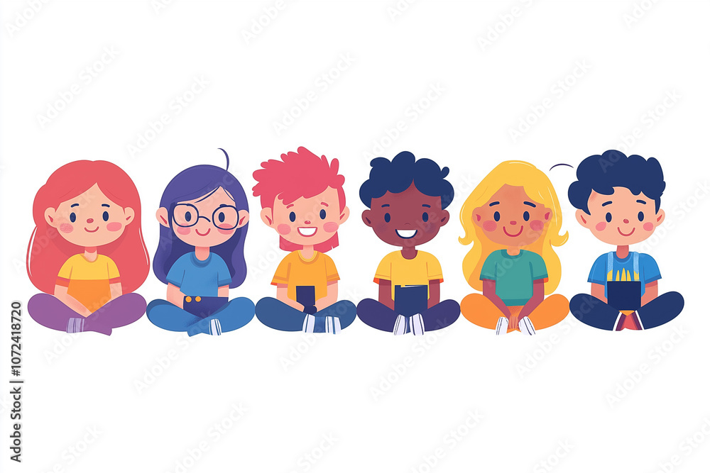 Six children of different backgrounds sit together with cheerful expressions, showcasing friendship and diversity Six children of different backgrounds sit together with cheerful expressions, showcasing friendship and diversity