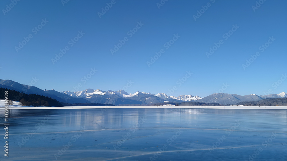 Frozen lake surrounded by snow capped mountains under a clear crisp sky Frozen lake surrounded by snow capped mountains under a clear crisp sky