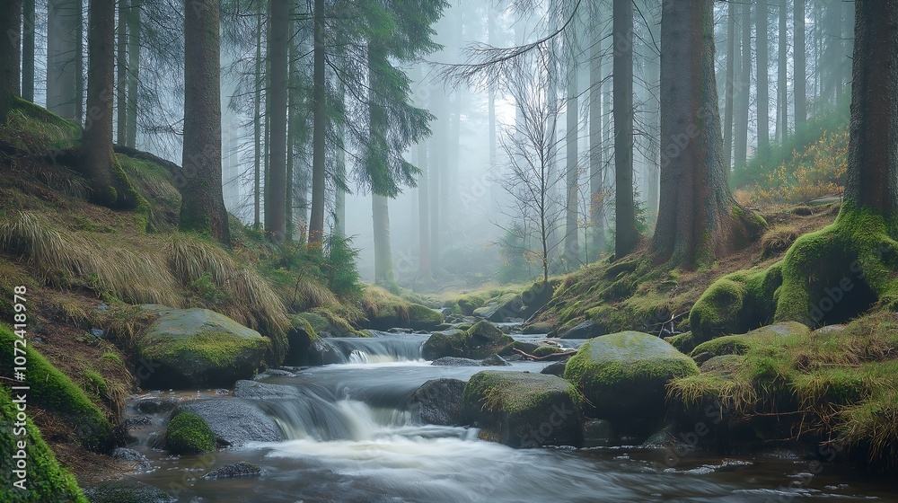 Obraz premium River Flowing Through Forest in Calm Moody Nature Green Autumn Wallpaper Generative AI