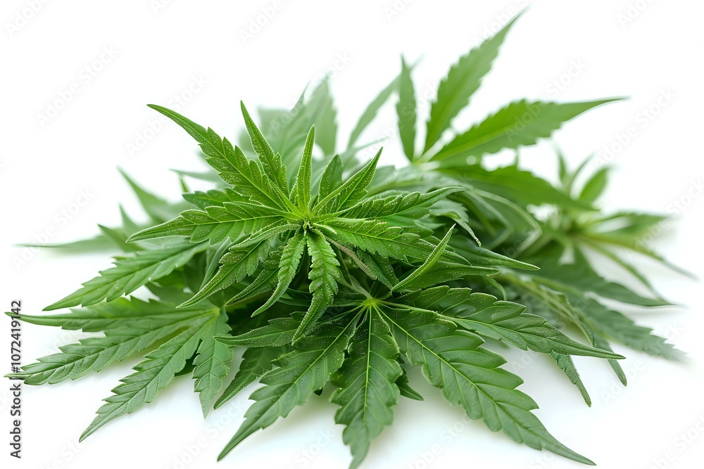 Fresh green cannabis leaves arranged in natural composition on white background, perfect for medical, wellness, and educational content about natural remedies and alternative medicine. Fresh green cannabis leaves arranged in natural composition on white background, perfect for medical, wellness, and educational content about natural remedies and alternative medicine.