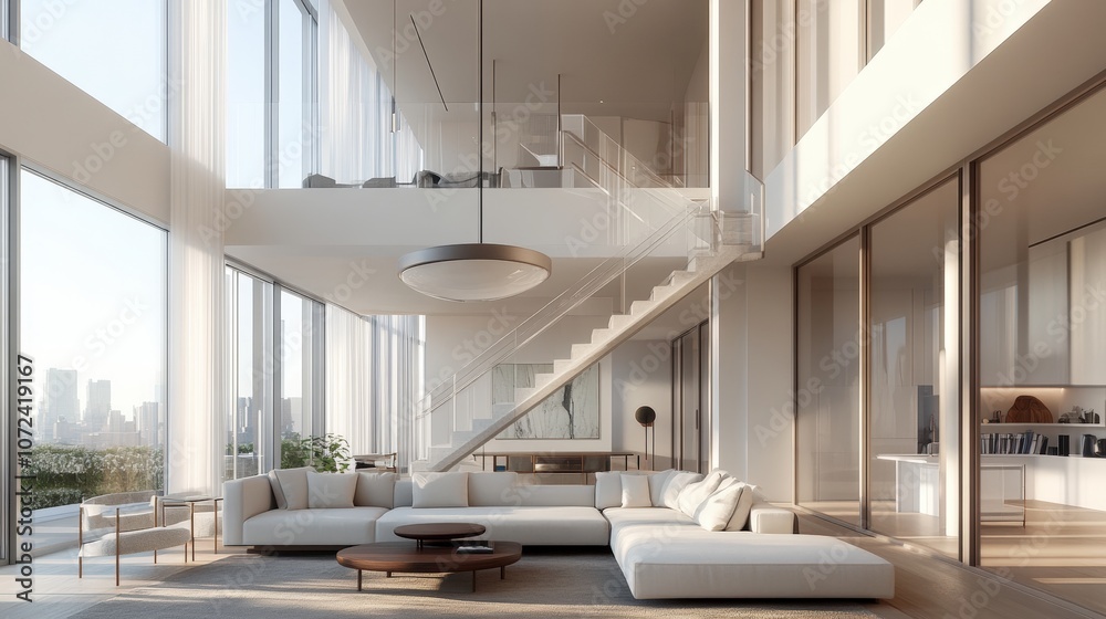 Fototapeta premium Modern living room with large windows and elegant interior design.