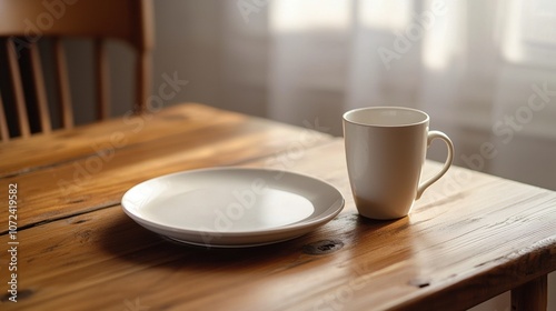 A white plate and a white coffee cup sit on a wooden table