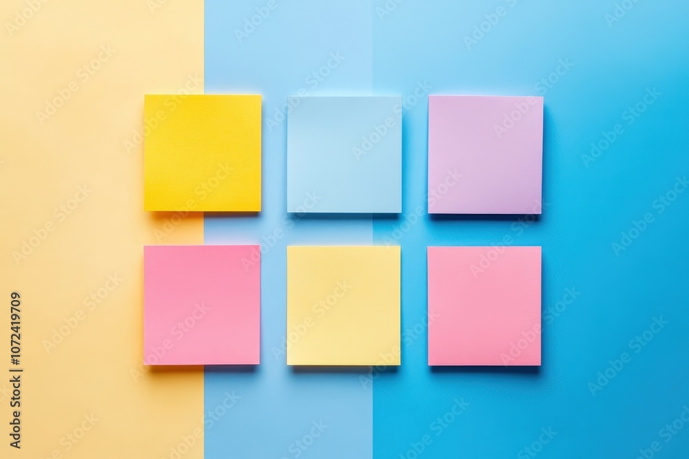 Flat lay of colorful sticky notes arranged in a grid pattern on a split yellow and blue background, perfect for creative organization and planning themes Flat lay of colorful sticky notes arranged in a grid pattern on a split yellow and blue background, perfect for creative organization and planning themes