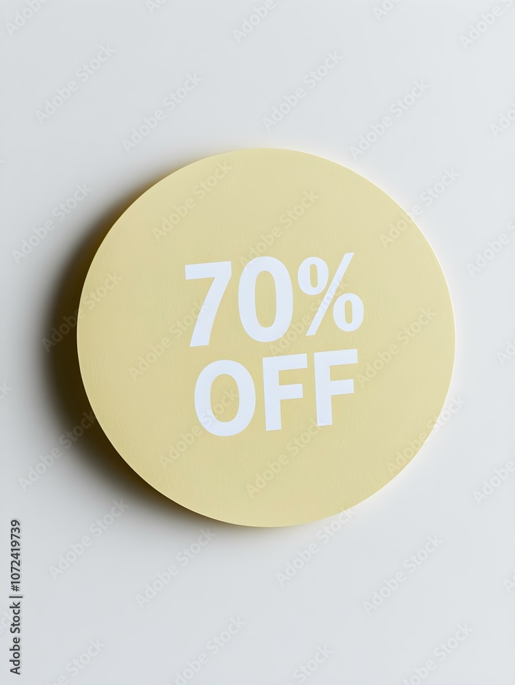 White '70% OFF' Text on a Light Yellow Round Paper Note. White Background White '70% OFF' Text on a Light Yellow Round Paper Note. White Background