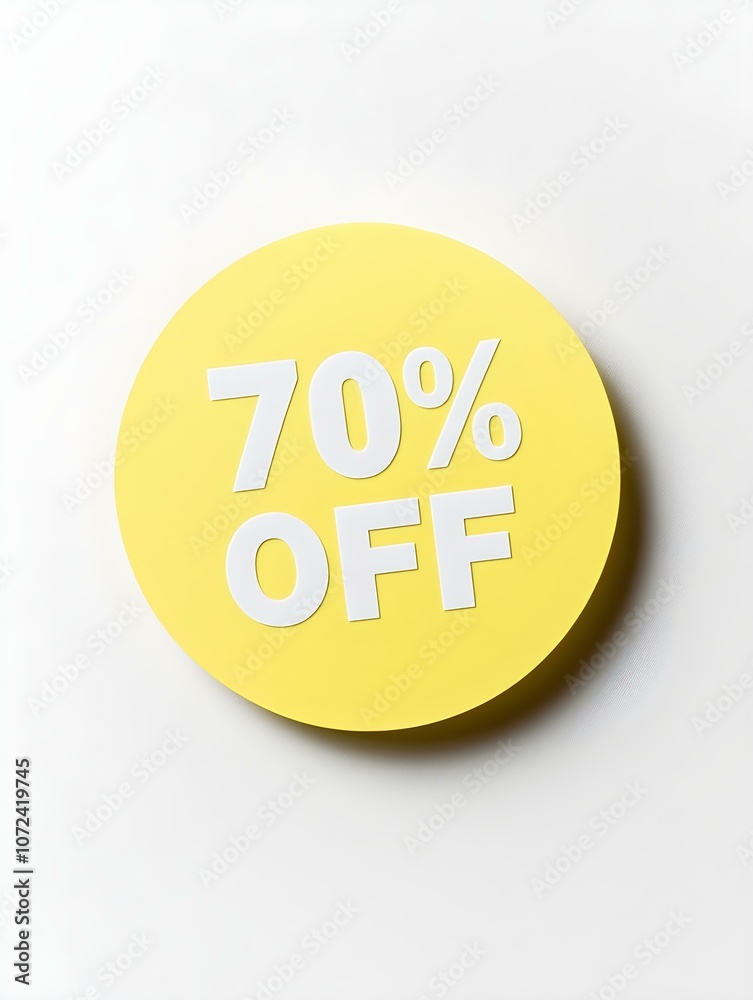 White '70% OFF' Text on a Light Yellow Round Paper Note. White Background White '70% OFF' Text on a Light Yellow Round Paper Note. White Background