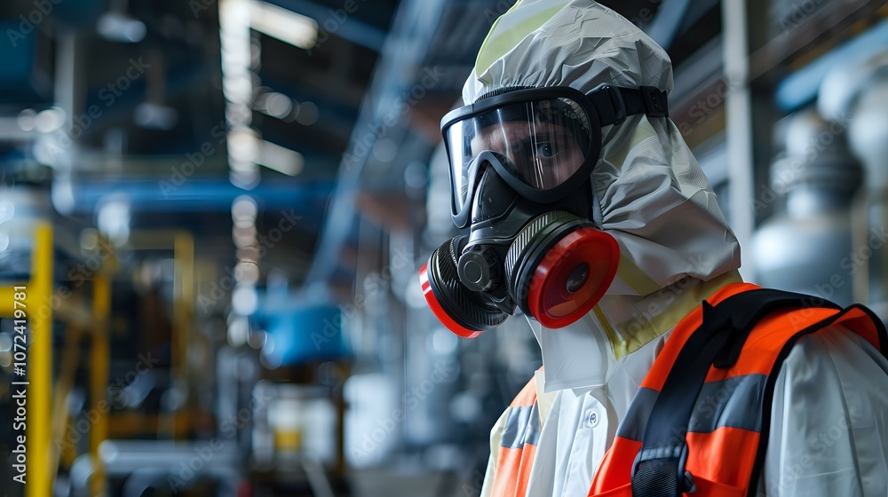 A professional in a white hazmat suit and gas mask, wearing a high-visibility safety vest, in an industrial facility. Represents safety protocols, hazardous work, and industrial environments. A professional in a white hazmat suit and gas mask, wearing a high-visibility safety vest, in an industrial facility. Represents safety protocols, hazardous work, and industrial environments.