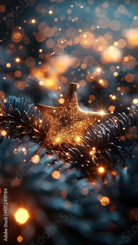 vertical christmas background, gold star on the Christmas tree 