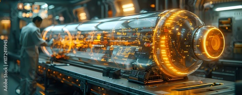 A futuristic laboratory scene featuring a glowing high-tech cylindrical device with intricate details, highlighting innovation, science, and advanced technological research.