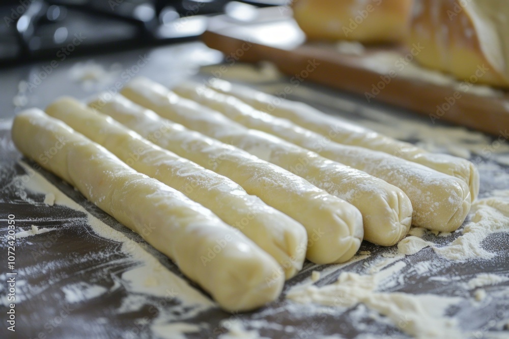 Prepared sausage rolls resting on a floured surface, ready for baking Prepared sausage rolls resting on a floured surface, ready for baking