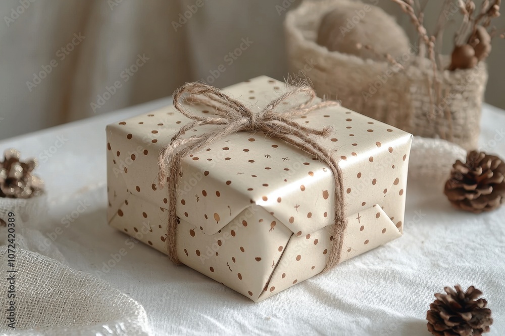 A beautifully wrapped gift box in beige paper with polka dots, tied with twine, set against a soft, textured background, evoking a cozy, festive atmosphere. A beautifully wrapped gift box in beige paper with polka dots, tied with twine, set against a soft, textured background, evoking a cozy, festive atmosphere.