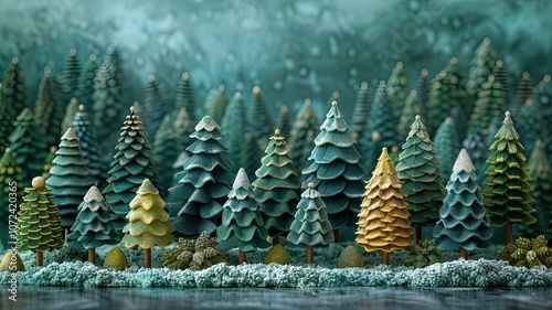 abstract christmas trees in a fairy forest with lights, New Year card or advertisement, copy space
