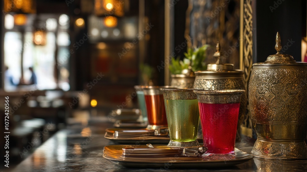 Golden Decor and Refreshing Drinks in a Warmly Lit Restaurant Golden Decor and Refreshing Drinks in a Warmly Lit Restaurant